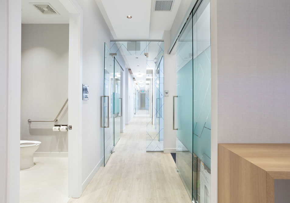 Glass-walled rooms and an accessible washroom
