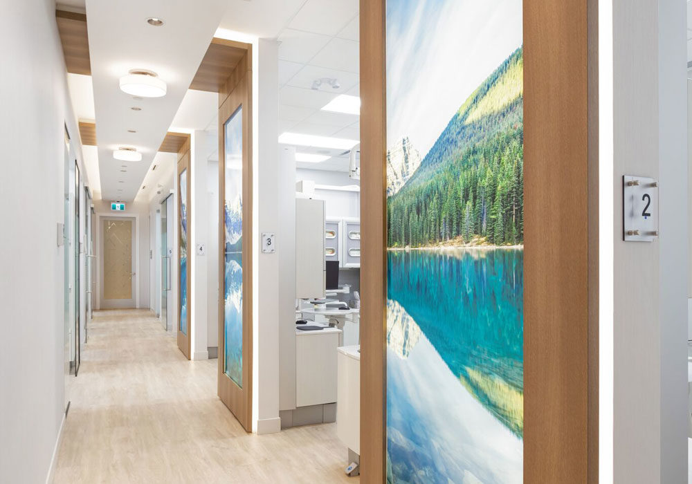 Our hallway of treatment rooms, each with a BC lake-and-mountain mural